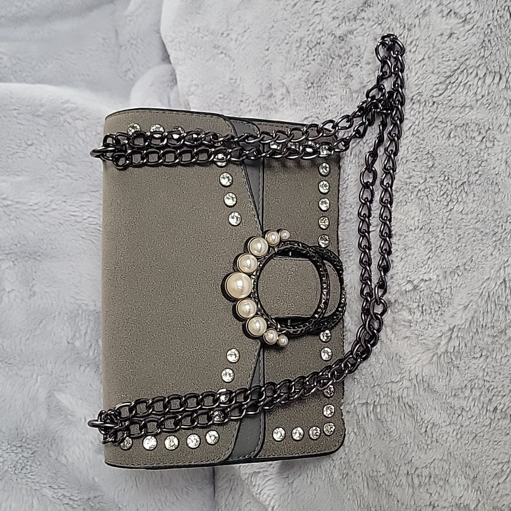 Glamorous, diamond, and pearl, grey purse with chains